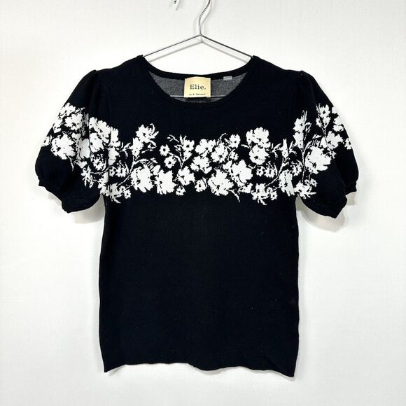 Elie Tahari Black/White Puff Sleeve Sweater Short Sleeve Preppy Floral Small - Picture 1 of 4